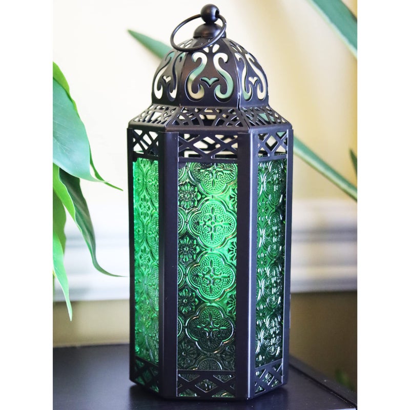 VELA LANTERNS 10.5" Moroccan Candle Lantern Decorative Candle Holder Lamp for Table or Hanging, Ramadan Decorations, Indoor Home Decor, Outdoor Patio or Porch, Black Metal, Green Glass, Medium - Image 3